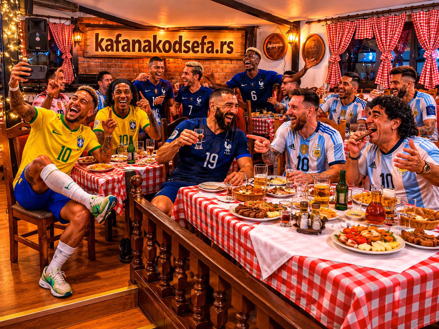 Soccer players from Brazil, France, and Argentina in jerseys enjoying food and drinks, laughing together.
