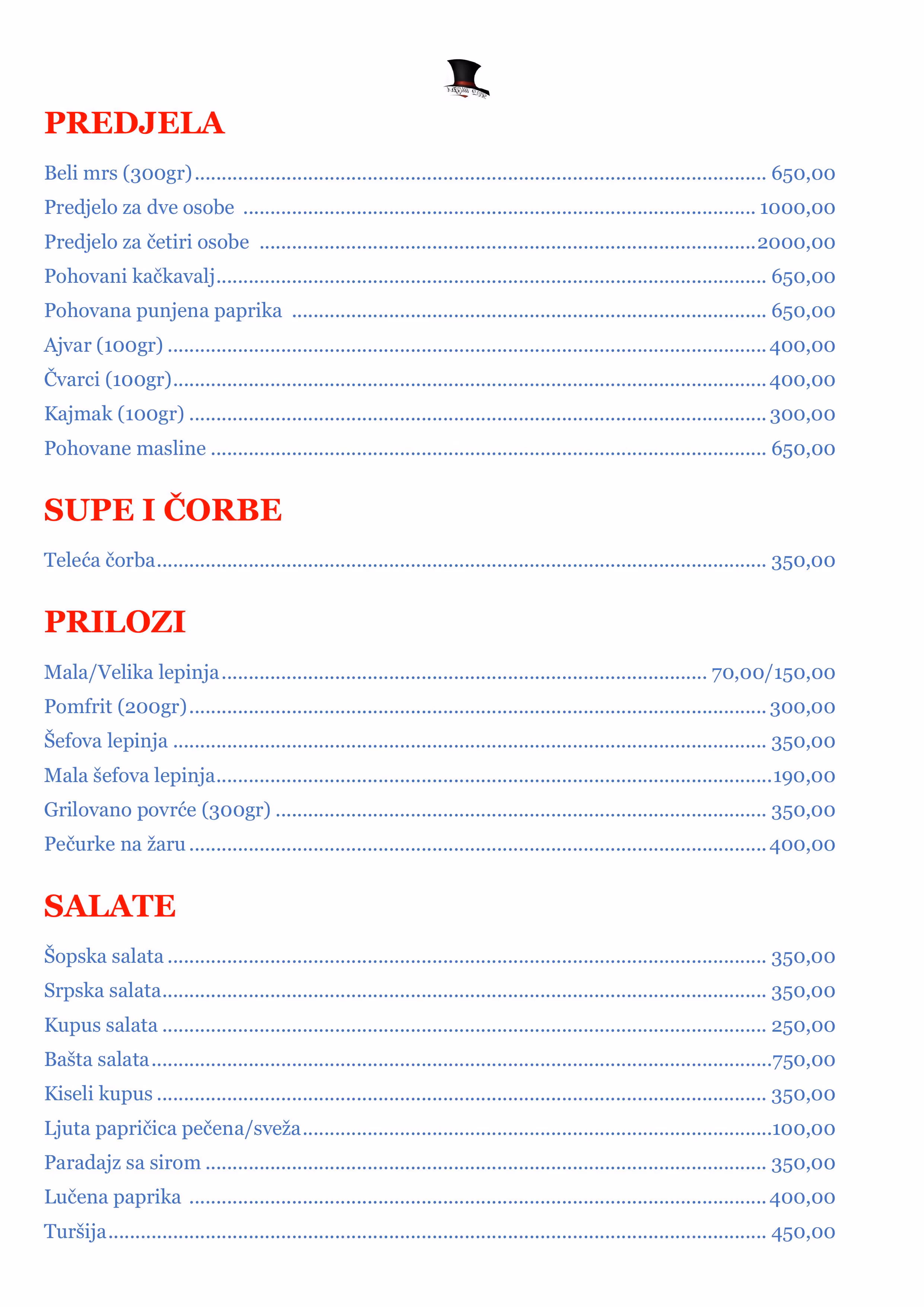 Restaurant menu in Serbian listing appetizers, soups, sides, and salads with prices in dinars.
