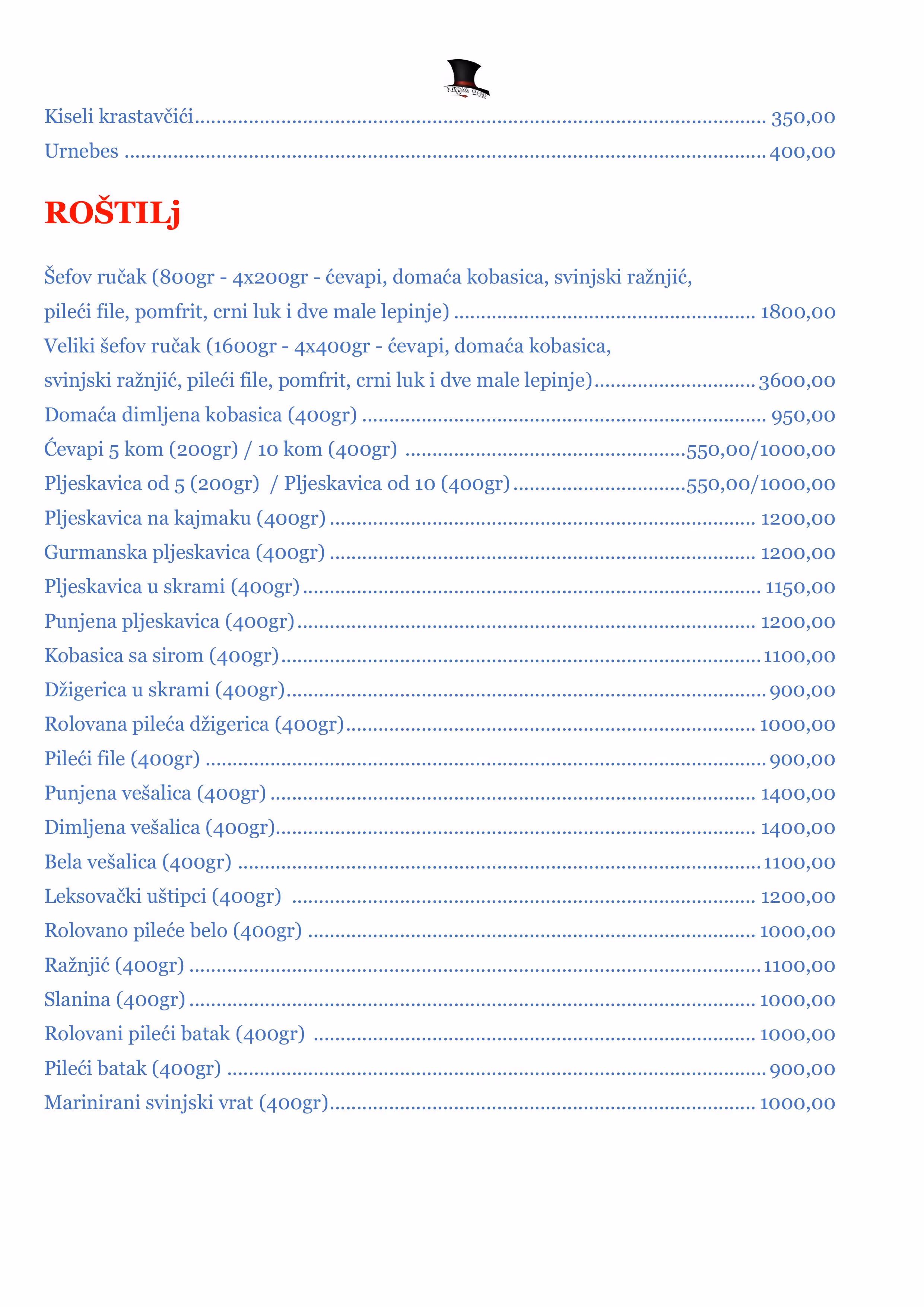Menu in Serbian Cyrillic listing pickled cucumbers, Urnebes, various grilled meat dishes with prices, and made-to-order meals including smoked trout and schnitzel.