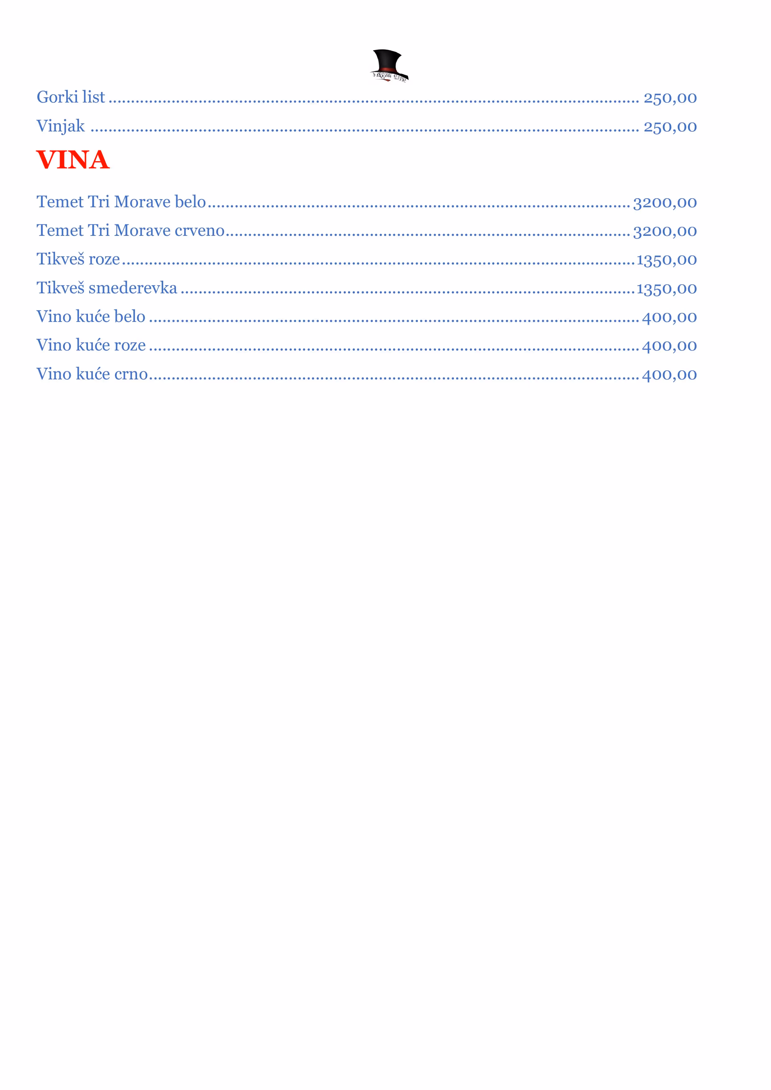Menu listing rakije, hard liquors, and wines with prices in Serbian Cyrillic and Latin scripts.