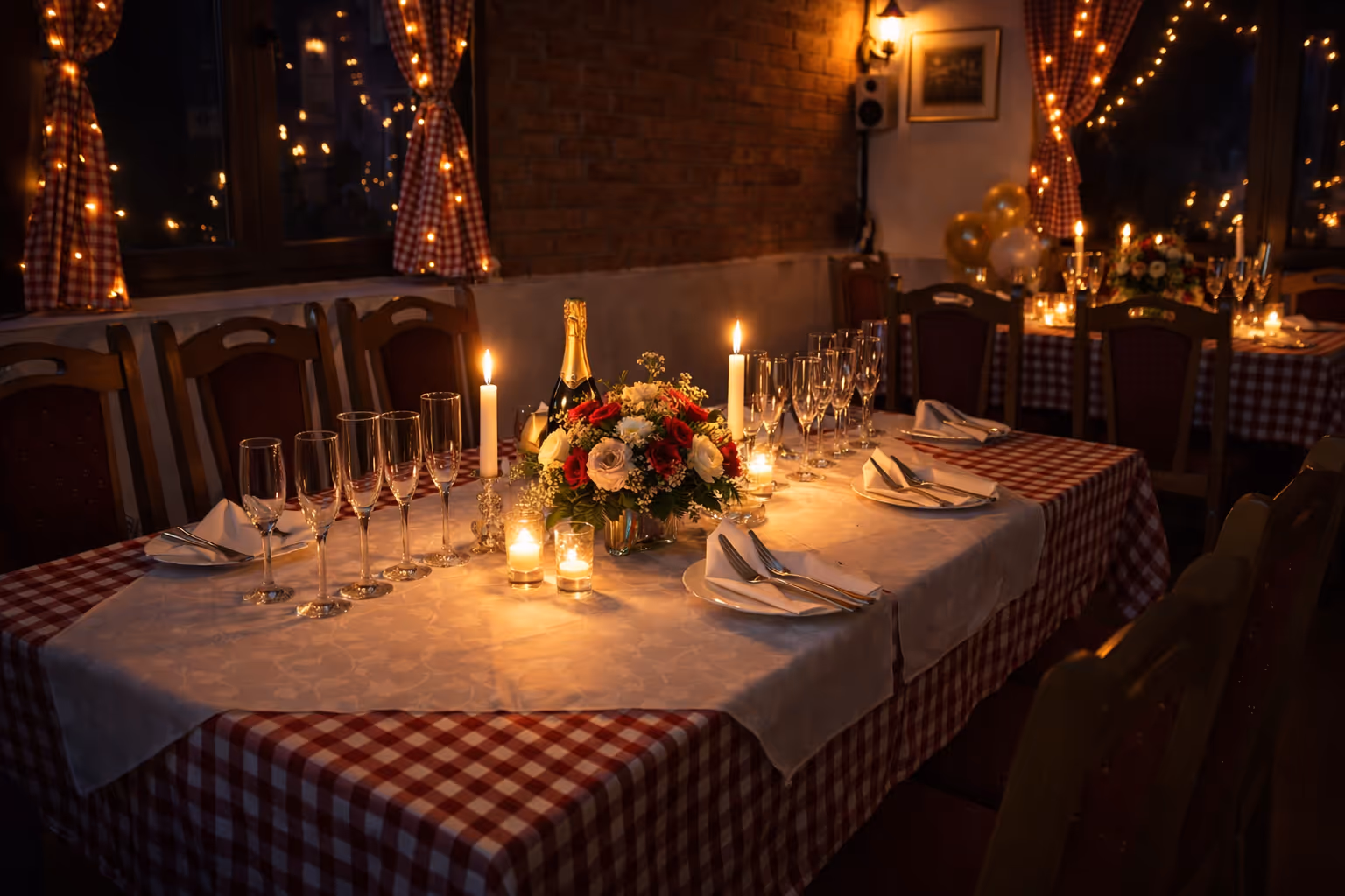 Dinner table set with glassware, cutlery, candles, a flower centerpiece, and a champagne bottle in a warmly lit room with checkered curtains and tablecloths.